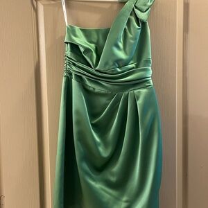 David's Bridal One-Shoulder Satin Dress in Green